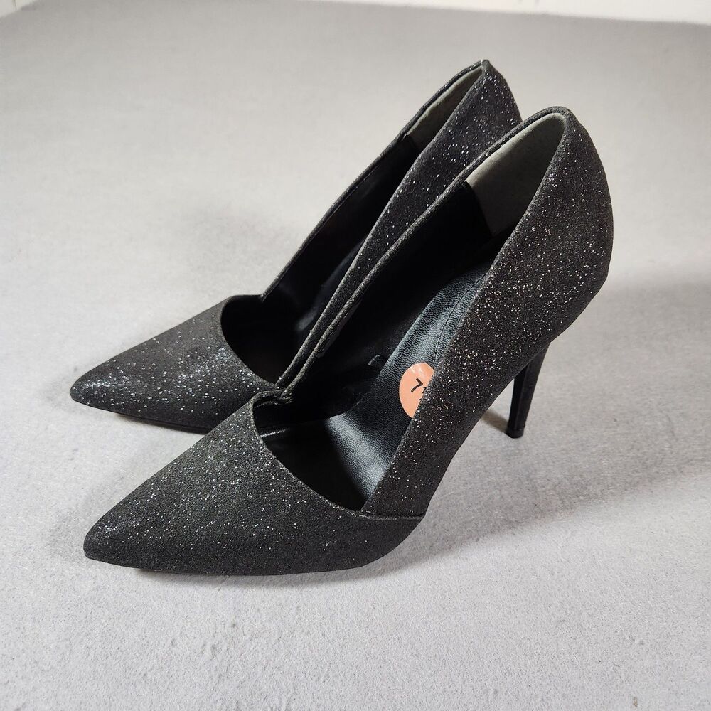 GUESS BLACK GLITTER POINTED TOE KARISE PLATFORM PUMPS HEELS - SIZE 7.5M